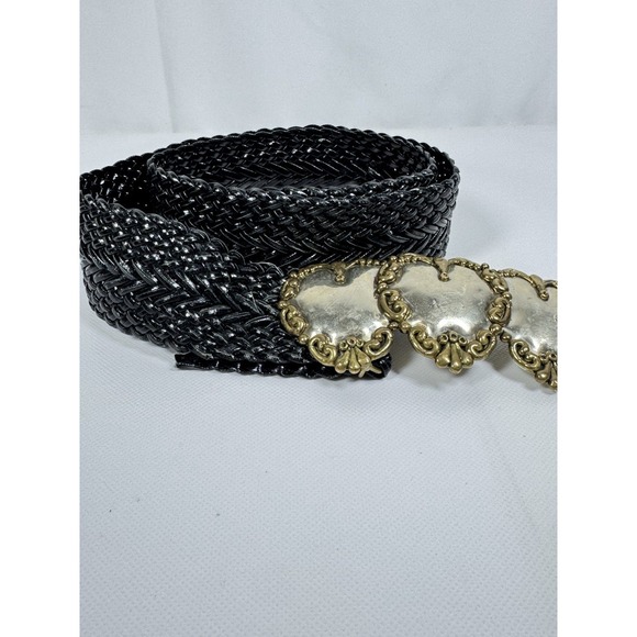 Vintage Black Woven Belt Gold Tone Triple Heart Medallion Buckle Boho Retro Wide main image 4